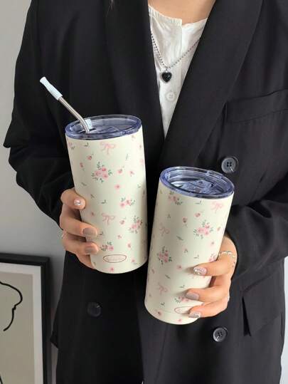 1 件蝴蝶玫瑰碎花保温杯、冷热保温瓶、真空保温瓶、露营咖啡杯、水杯、平底吸管杯、旅行户外用杯、生日、万圣节和圣诞节礼物（不含吸管）