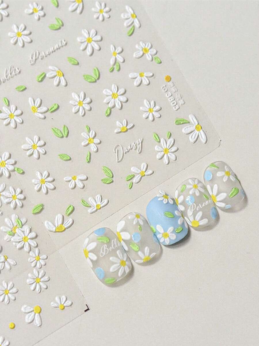 清新可愛的雛菊3D美甲貼紙，帶格紋圖案，浪漫春天甲片貼紙 - 彩色 - 查看 1