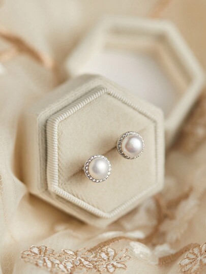 WOSTU 1pair 2ct 925 Sterling Silver Classic Round Fresh Water Pearl Stud Earrings With Romantic White Gift Box For Women Fine Jewelry & Girl Wedding Bridal Gift