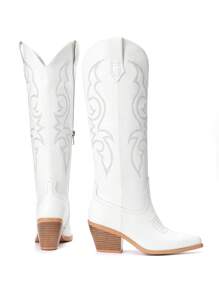 白色牛仔靴女款-寬筒鑲有閃石的牛仔靴，女士高筒西部靴，閃亮的珠光牛仔靴，經典的刺繡和側拉鍊設計，復古的經典鄉村男女通用靴款 - 白色 - 查看 8