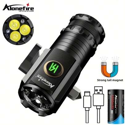 Alonefire 3x Led High Bright Palm Small Flashlight Type-C USB Rechargeable 18350 Battery Portable Clip Flash Light Magnet Night Bright Llighting Light Lady Backpack Pocket Strobe Light Torch Outdoor And Home Work Car Repair Lamp Escape Window Breaker X54