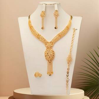 向日葵旭日形项链流苏款式，18K 镀金 + 香槟金 5 件铜合金豪华优雅迪拜风格新娘婚礼节日礼物套装女士情人节