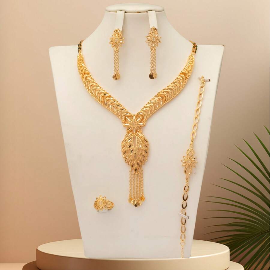 Collar en forma de estallido de girasol con flecos, chapado en oro de 18K + Juego de regalo de lujo de 5 piezas de aleación de cobre en dorado champán con estilo dubái para novias, bodas y día de San Valentín para damas