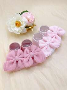3 Pairs Baby Girls' Non-Slip Indoor Floor Boat Socks With Bow Decor