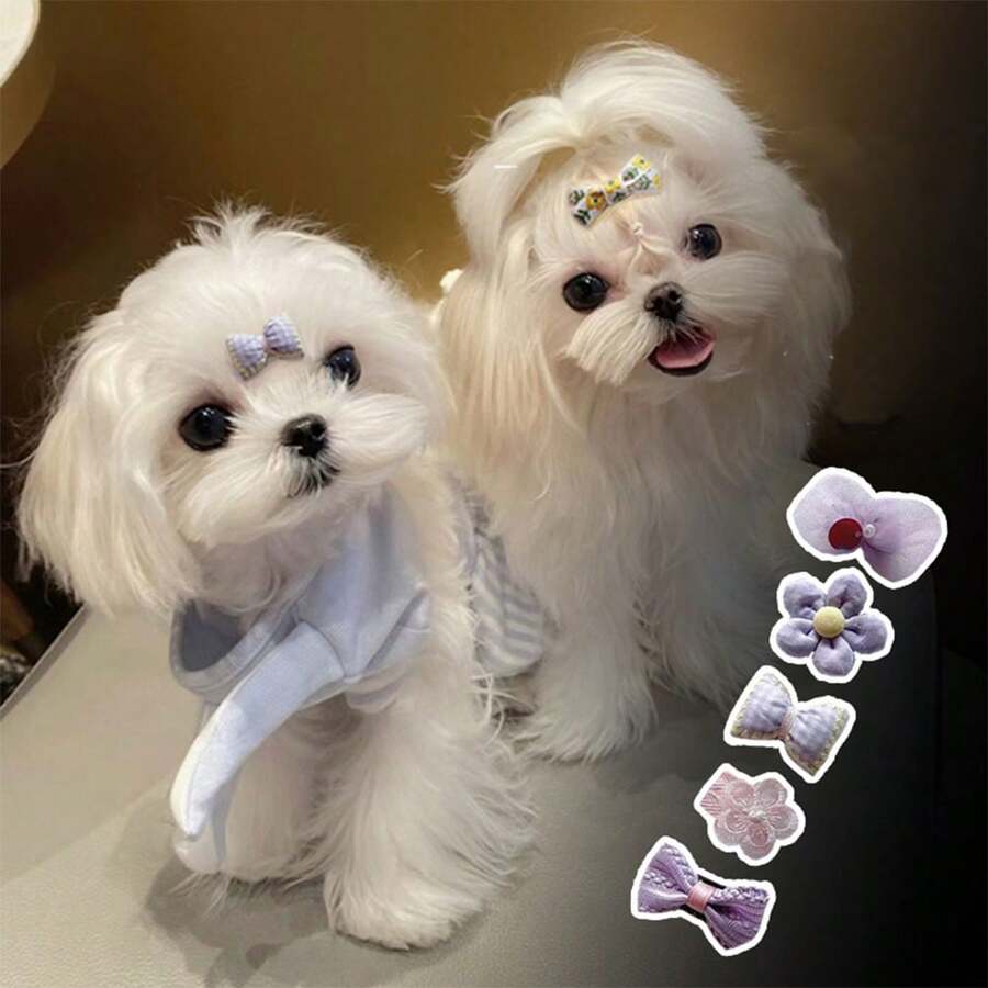 5 piezas/paquete Clips de pelo para mascotas para perros y gatos, accesorios para la cabeza de Teddy, Pequeñas horquillas de lazo para Yorkshire Terriers, Pomeranias y Bichons - Multicolor - Ver 1