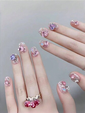 10 piezas de uñas postizas hechas a mano con ojos de gato de color rhinestone y luces intermitentes de colores para terapia fotográfica. Suministros para uñas