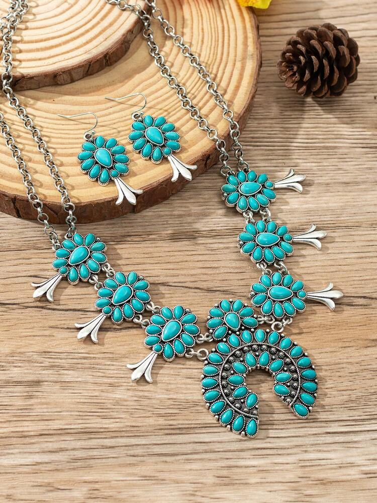 Set Di Gioielli Bijoux Vintage Con Pietra Turchese: Collana Pendente, Orecchini E Bracciale