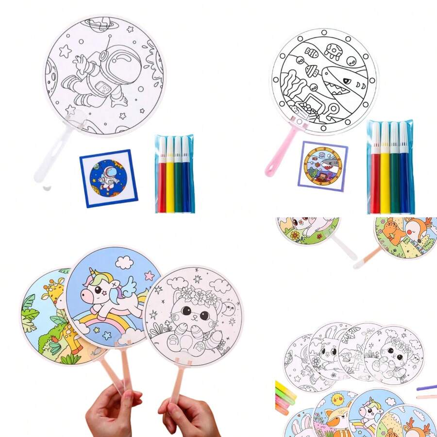 A Set Of Handmade Graffiti Fans Plus Random Watercolor Pens Creative DIY Painting Small Fans Cartoon Blank Round Fan Educational Toys Suitable For Entertainment Gifts - Multicolor - View 1