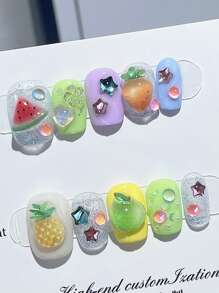 YADORNOS 10 piezas de uñas postizas cortas cuadradas con diseño en 3D transparente de frutas como sandía, piña y estrella, lindas y refrescantes para el verano. Incluye pegamento de gelatina y lima de uñas. Suministros de manicura DIY para chicas. - Multicolor - Ver 1
