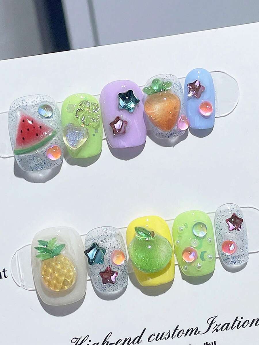 YADORNOS 10 piezas de uñas postizas cortas cuadradas con diseño en 3D transparente de frutas como sandía, piña y estrella, lindas y refrescantes para el verano. Incluye pegamento de gelatina y lima de uñas. Suministros de manicura DIY para chicas. - Multicolor - Ver 1