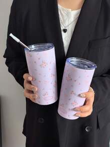 1 件蝴蝶玫瑰碎花保温杯、冷热保温瓶、真空保温瓶、露营咖啡杯、水杯、平底吸管杯、旅行户外用杯、生日、万圣节和圣诞节礼物（不含吸管）