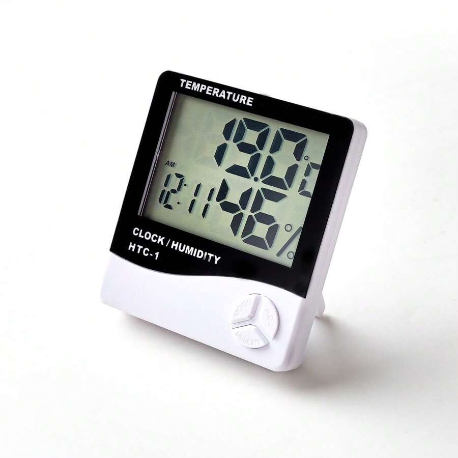 Termo Higrômetro Digital Sem Sensor Externo Para Medição De Temperatura Umidade Relógio - Preto e Branco - Visão 1