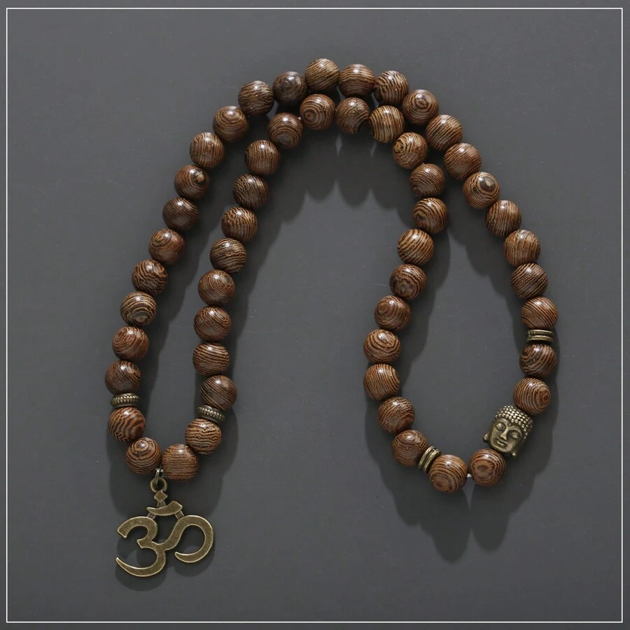 Collar de cuentas de madera natural con el  del Buddha, OM, para hombre o mujer y pulsera de múltiples capas del chakra, joyería vintage