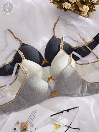 3 件装舒适休闲无钢圈软杯纯色内衣文胸、内衣
