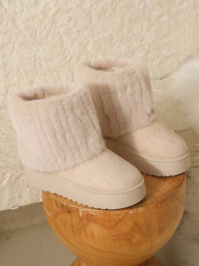 1pair Women's Solid Color Mid-Calf Furry Snow Boots With Thick PVC Soles, Fur Trimmed Top, Cozy And Warm, Autumn And Winter