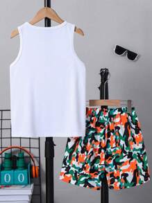 Tween Boy Leisure Colorful Camo Faux Pocket Graphic Vest And Camo Shorts 2-Piece Set, Spring/Summer
