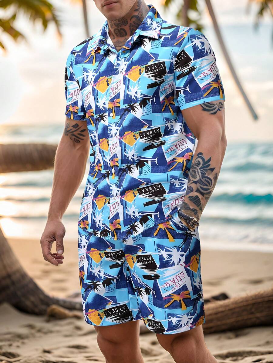 Men Allover Print Shirt & Shorts - White - View 1