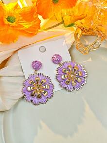 1對歐美波西米亞風格幾何圓形藤編耳環，度假風格手工編織耳坠式耳環，適合女性 - 紫色 - 查看 2