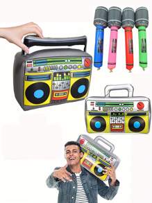 1pc Retro Record Player PVC Inflatable Toy Party Decoration (Receive 6 Microphones With 6 Radio Devices, Random Color For Microphones, 12pcs In Total) - Multicolor - View 2