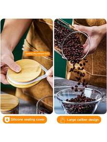 2入組玻璃香料罐，廚房圓形收納罐，優雅密封玻璃罐組合，17盎司-竹蓋和勺子，非常適合存放香料，茶葉和咖啡的密封罐！ - 彩色 - 查看 4