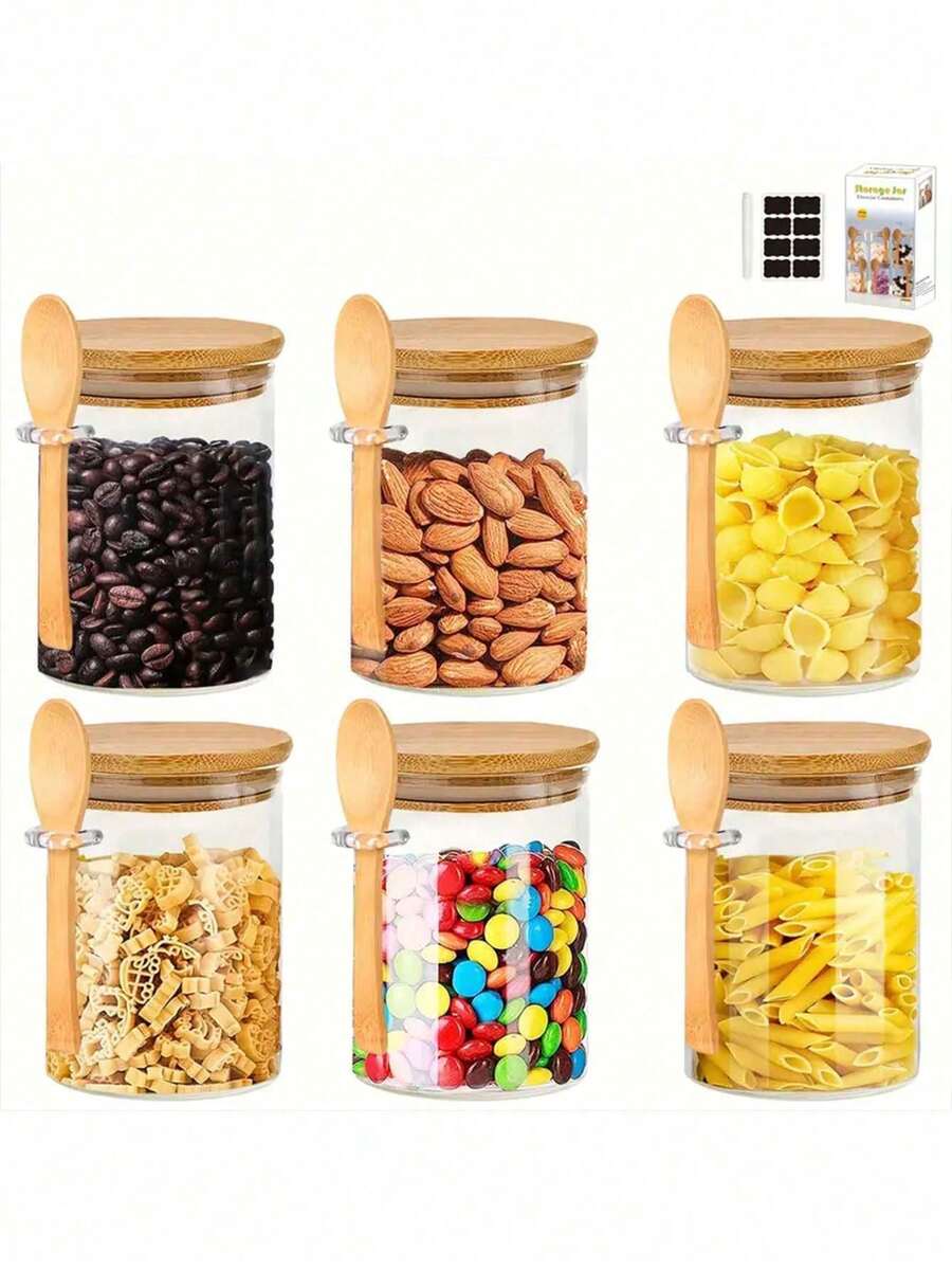 2入組玻璃香料罐，廚房圓形收納罐，優雅密封玻璃罐組合，17盎司-竹蓋和勺子，非常適合存放香料，茶葉和咖啡的密封罐！ - 彩色 - 查看 1