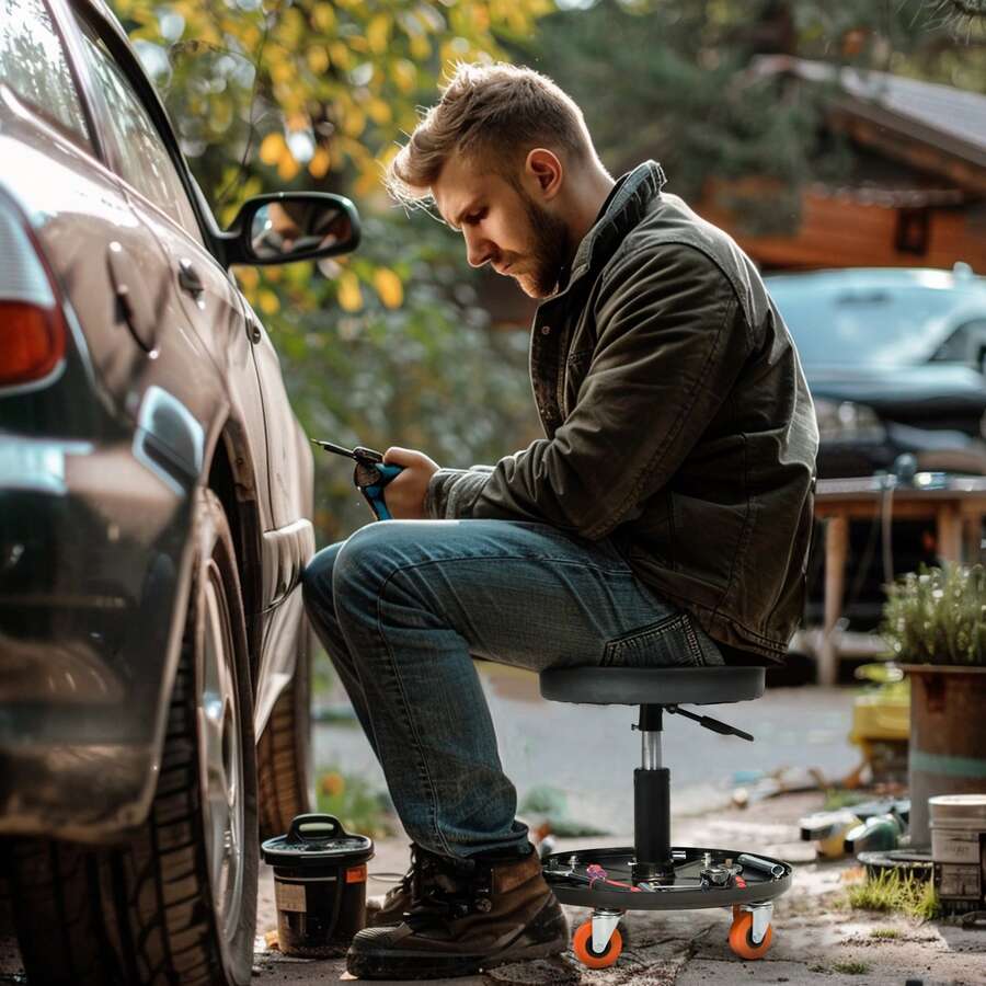HOMCOM Tabouret de mécanicien, servante d'atelier, siège pivotant, hauteur réglable, tabouret d'atelier à roulettes, plateau de 100 kg pour le garage et la réparation automobile, noir - Noir - Voir 1