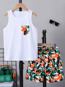 Tween Boy Leisure Colorful Camo Faux Pocket Graphic Vest And Camo Shorts 2-Piece Set, Spring/Summer