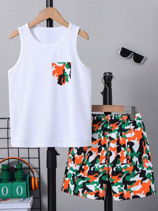 Tween Jungen angesagter Lässig bunter Camouflage Fake Tasche Grafik Weste und Camouflage Shorts 2-teiliges Set, Frühling/Sommer