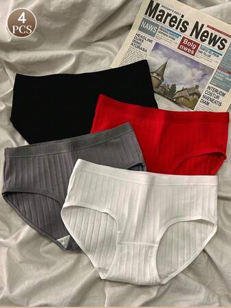 4pcs/Set Women's Lightweight  Underwear, Sexy Solid Color Triangle Panties, Women Mid-Rise Seamless Comfortable Panties