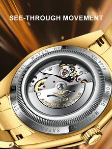 JINLERY男士金色手錶自動機械錶/防水5ATM日曆和每週顯示藍寶石發光男士禮物 - 金色 - 查看 4