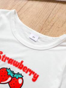 Cute Strawberry Fruit Pattern Short Sleeve Outfit For Children, Summer, 2pcs/Set Denim Kids' Clothes - White - View 3