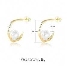 1 par de pendientes plateados europeos y americanos de estilo geométrico simple con forma de C y perlado en forma de concha para mujeres, pendientes de perlas falso con plata de ley S925 de alta gama para las orejas, joyería de alta calidad