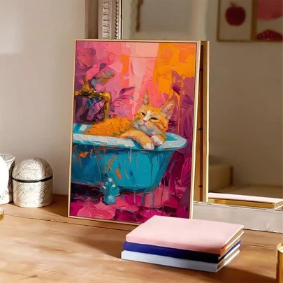 HALFLEMART 1 pieza Póster sin marco de un animal gracioso en la bañera de color rosa, obra de arte de moda para decorar paredes como regalo, sala de estar, dormitorio, decoración estética del hogar y dormitorio