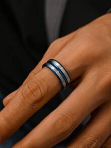 1pc Stainless Steel Street Style Hip Hop Blue Groove Lines Pattern Men's Rings Summer Jewelry - Ring - View 6