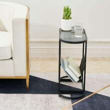 End Table, Small Side Table, Oval Narrow Glass Side Tables Living Room With Magazines Organizer Storage Space, Bedside Table Nightstand For Bedroom
