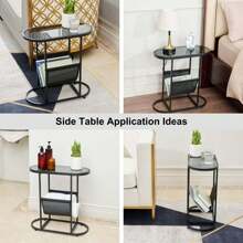 End Table, Small Side Table, Oval Narrow Glass Side Tables Living Room With Magazines Organizer Storage Space, Bedside Table Nightstand For Bedroom