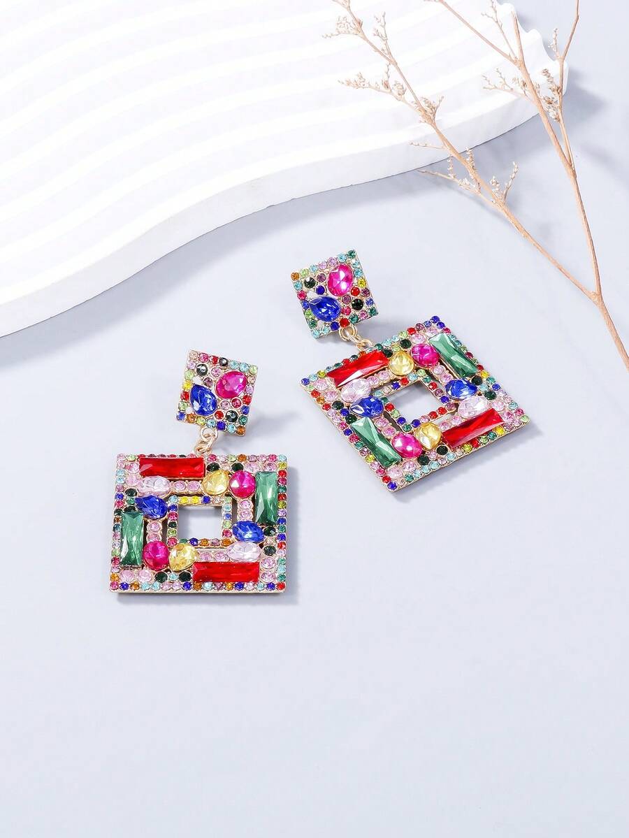juran 1 Đôi bông tai pha lê hình vuông hình học, bông tai sang trọng cho tiệc tùng/hẹn hò dành cho nữ, quà tặng trang sức. - Đầy màu sắc - Xem 1