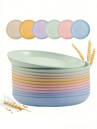 4 件可重复使用塑料盘子 5.9 英寸，不易破碎的轻质小麦秸秆盘子，沙拉盘，露营盘，适用于洗碗机和微波炉，绿色健康餐具，厨房用品风格随机，厨房，圣诞礼物