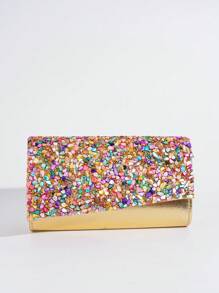 Colorful Rhinestone Accented Flap Cover PU Clutch Bag, Perfect For Evening Party, Banquet, Suitable For Shoulder Or Crossbody Wear - Gold - View 7