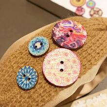 50入組隨機顏色復古波西米亞風格原木圓扣子，塗裝雙眼木製扣子，適用於布料裝飾，縫製配件 - 彩色 - 查看 9