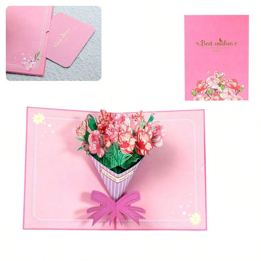 3D Rose Bouquet And Cherry Blossom Couple Greeting Card, Handmade Love
