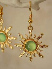 3pcs Bohemian Style Gold-Tone And Light Green Sun Necklace Earring Set For Women