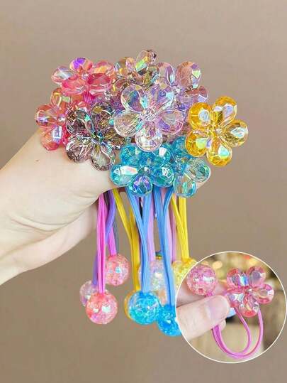 5pcs Flower Candy Colored Hair Ties Braided, Original High Elasticity Ponytail Holders With Double Shiny Glittering Beads, Harmless Hair Accessories With Strong Fastening And Suitable For Daily Use Hair Rubber Bands Hair Rope, Hair Bobbles ,Gym Sport Outfit Head Accessories Elastic Band
