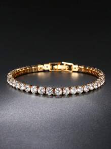 Tkool 1pc Hip Hop Style Gold Plated Rhinestone Studded Bracelet, Sparkling Unisex Bracelet With Micro Zirconia Inlaid - Yellow Gold - View 3