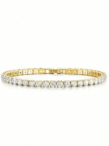 Tkool 1pc Hip Hop Style Gold Plated Rhinestone Studded Bracelet, Sparkling Unisex Bracelet With Micro Zirconia Inlaid - Yellow Gold - View 2