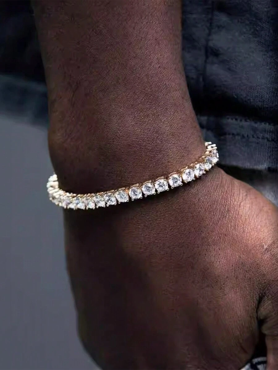 Tkool 1pc Hip Hop Style Gold Plated Rhinestone Studded Bracelet, Sparkling Unisex Bracelet With Micro Zirconia Inlaid - Yellow Gold - View 1