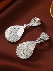 2入組時尚長流蘇水滴鑽石耳夾女士婚禮無耳洞耳飾 - clip - 查看 10