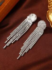2入組時尚長流蘇水滴鑽石耳夾女士婚禮無耳洞耳飾 - clip - 查看 11