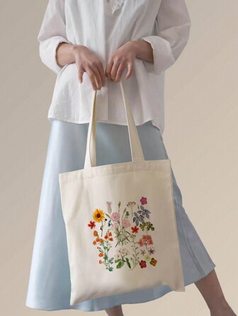 Bolsa de lona con estampado floral para el hombro, bolso de mano de moda para las necesidades casuales y de compras de las mujeres, perfecto para trabajadores de oficina, estudiantes, turistas y como envoltorio de regalo