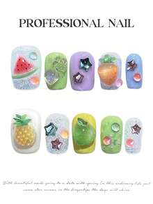YADORNOS 10 piezas de uñas postizas cortas cuadradas con diseño en 3D transparente de frutas como sandía, piña y estrella, lindas y refrescantes para el verano. Incluye pegamento de gelatina y lima de uñas. Suministros de manicura DIY para chicas. - Multicolor - Ver 2